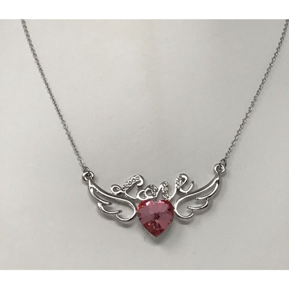 Angel Wing Heart LOVE Pendant Necklace Pink Crystal 18" Valentines Day